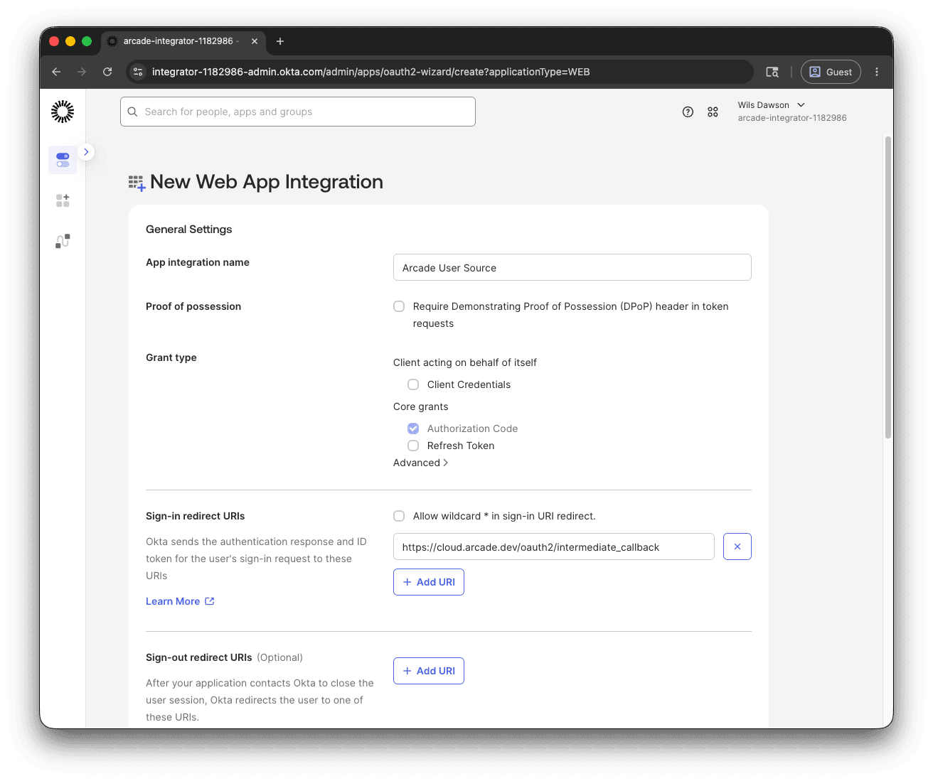 New Web App Integration form with the Arcade redirect URI filled in